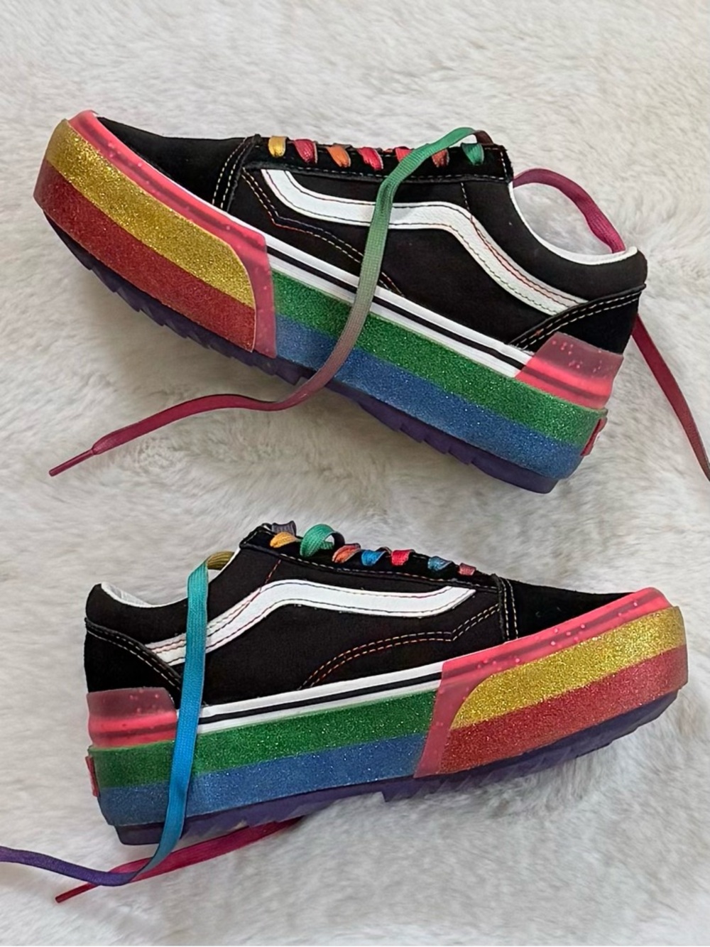 VANS Women’s 5 Old Skool Stacked Glitter Sneakers • Platform Suede Canvas Shoes
